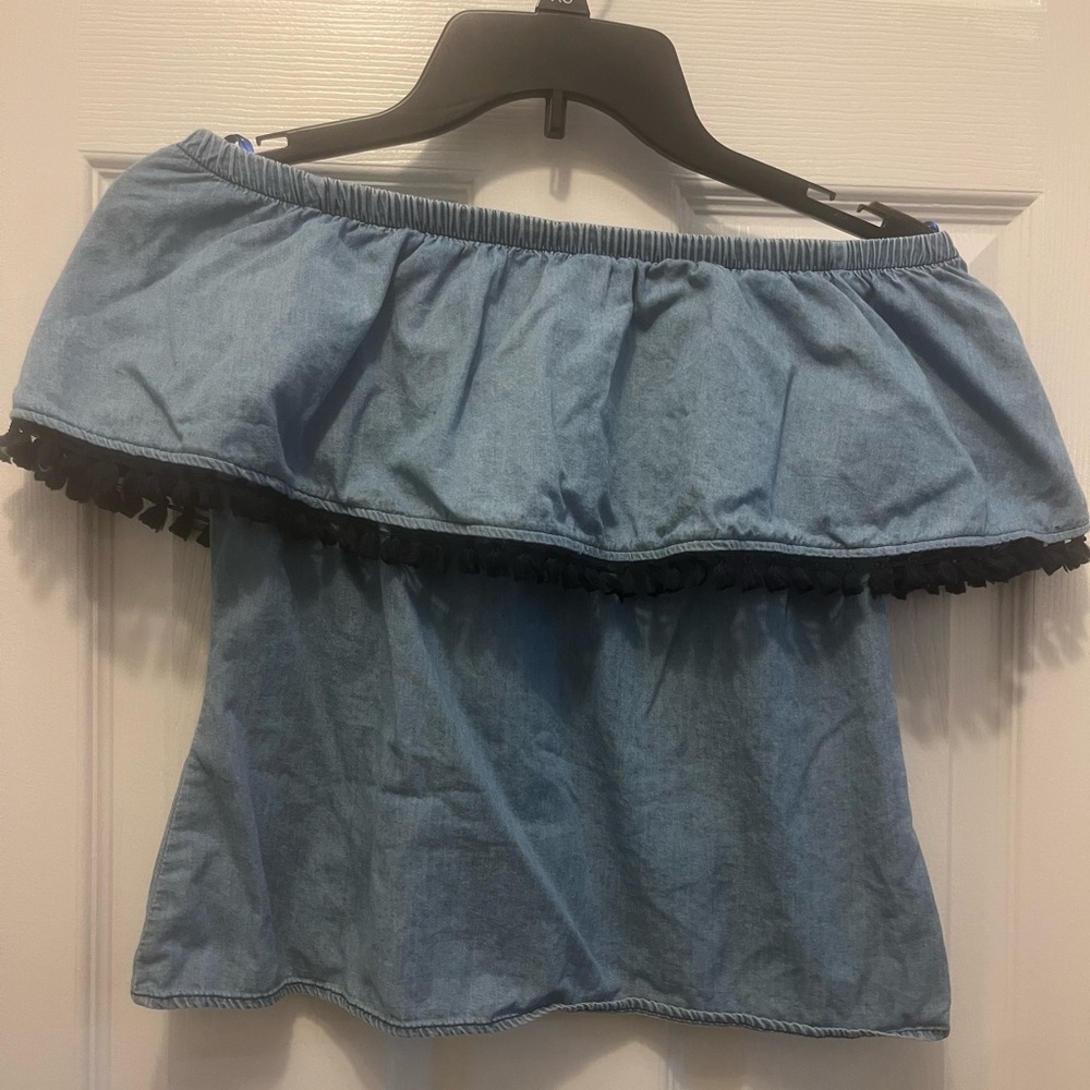 KOAJ Off-Shoulder Denim Top with Black Tassels Trim